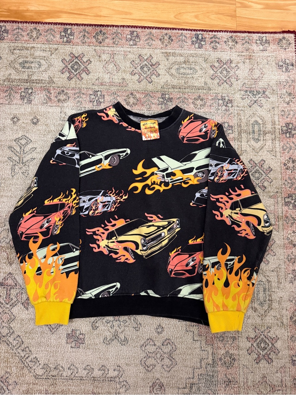 GCG x POP All-Over Print Car & Flames Crewneck Sweatshirt